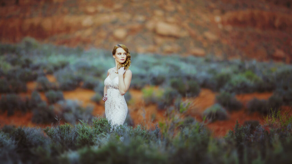 A bride in a white dress standing in a desert landscape, captured by Rex Jones, showcasing portrait photography in Utah.