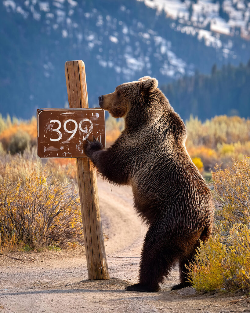 A grizzly bear clawing at a trail sign marked “399,” capturing the true story behind the inspiration for the Three 99 brand